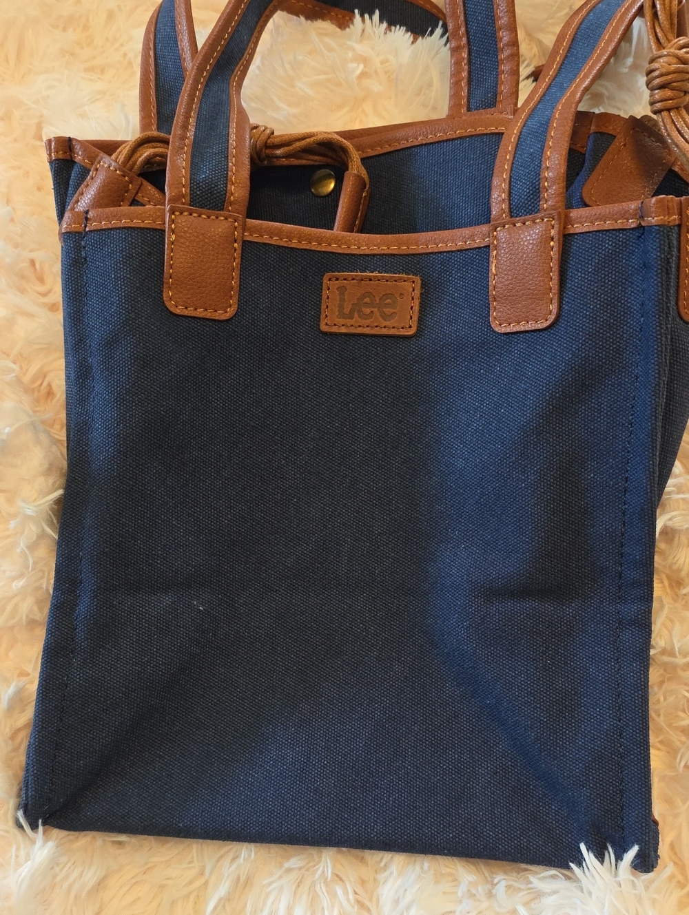 Lee Navy Canvas Tote with Brown Trim and Handles Never Used